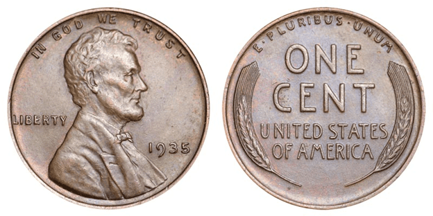 1935年的小麦硬币，没有薄荷标记