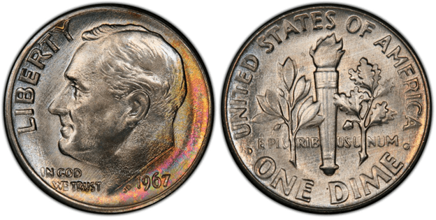 1967年的一角硬币，没有薄荷标记
