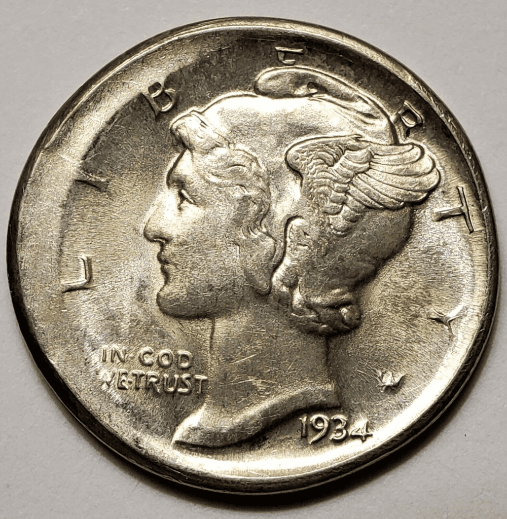 1934年，水星一角硬币broadstrike铸币厂错误